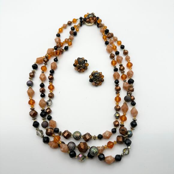 Vintage Western Germany Marked Faceted Neutral Stone Triple Strand Necklace Set - Picture 1 of 7